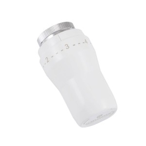 Biała głowica termostatyczna do instalacji grzewczych z srebrnym pokrętłem regulacyjnym.