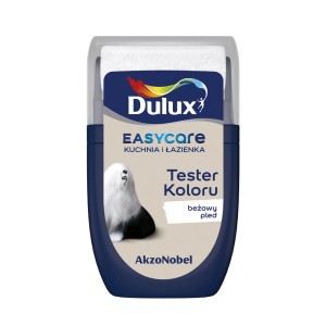 Tester koloru Dulux EasyCare "Beżowy pled" do łazienek i kuchni, w niebieskim opakowaniu.