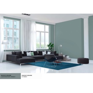 Pokój dzienny pomalowany na szarozielono farbą do ścian t.b.t.