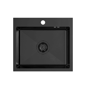 Kwadratowy, czarny zlew ze stali nierdzewnej.