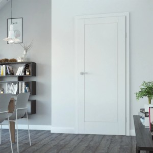 Białe drzwi wewnętrzne t.b.t. o minimalistycznym designie.