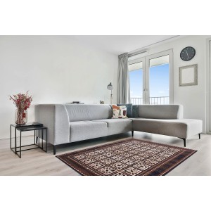 Wzorzysty dywan w odcieniach brązu i beżu w salonie. Dywan z krótkim włosiem.