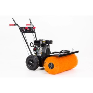 Zamiatarka t.b.t. ze szczotką w kolorze pomarańczowym do użytku na zewnątrz.