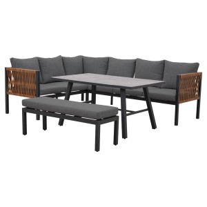 Szary zestaw mebli ogrodowych z narożną sofą, stołem i ławką. Idealny do ogrodu lub na patio.