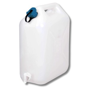 Biały kanister na wodę z niebieską pokrywką i kranem do kempingu.