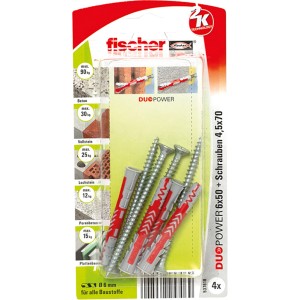 Fischer Duopower 6x50 kołki ze śrubami, zestaw 4 szt. Uniwersalne kołki do bezpiecznego mocowania w różnych materiałach budowlanych.