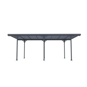 Szara wiata garażowa z płaskim dachem, idealna jako schronienie dla pojazdów.