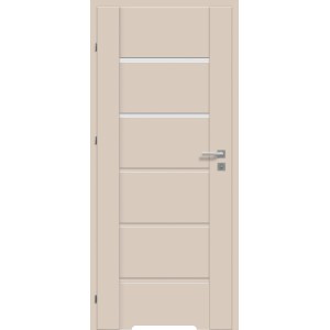 Drzwi wewnętrzne t.b.t. w kolorze beżowym z pięcioma panelami i srebrną klamką.