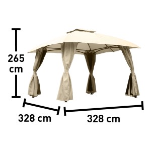 Beżowa altana z zasłonami i wymiarami (wysokość 265cm, szerokość 328cm).