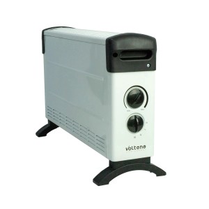 Grzejnik elektryczny t.b.t. w kolorze szarym i czarnym z pokrętłami.