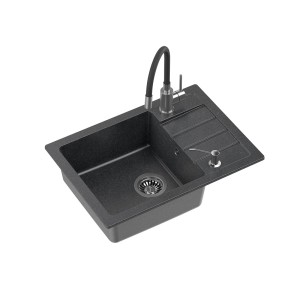 t.b.t. Zlewozmywak granitowy w kolorze czarnym z ociekaczem, baterią i dozownikiem mydła.