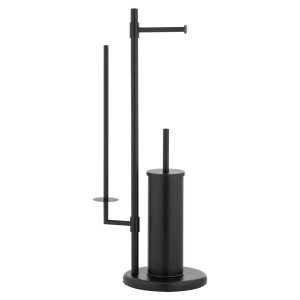 Czarny zestaw akcesoriów łazienkowych t.b.t. ze szczotką WC i uchwytem na papier toaletowy.