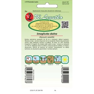 Opakowanie nasion Smagliczki skalnej (Alyssum saxatile) od W. Legutko. Kwiaty żółte, wysokość do 30 cm.