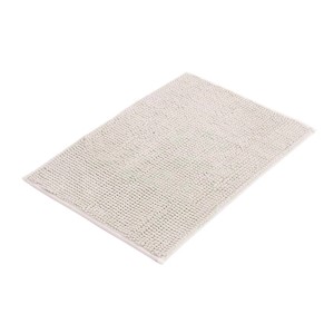 Prostokątny, beżowy dywanik łazienkowy o strukturze pętelkowej.