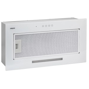 Biały okap płaski t.b.t. z filtrem metalowym.