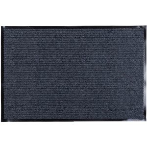 Szara wycieraczka t.b.t. z żebrowaną powierzchnią do użytku wewnętrznego.