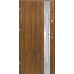 Nowoczesne drzwi zewnętrzne w drewnopodobnym wykończeniu z wąską wstawką szklaną.