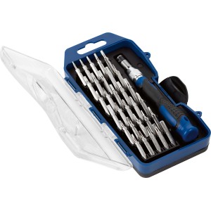 LUX Precyzyjny zestaw bitów, 32-częściowy, z bitami, uchwytem i przedłużką w plastikowym pudełku.