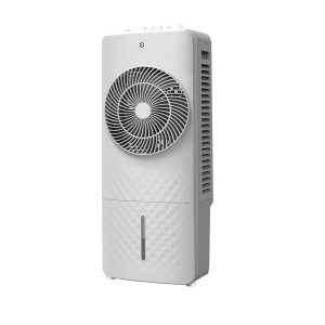 Biały, przenośny klimatyzator t.b.t. z wentylatorem i zbiornikiem na wodę.