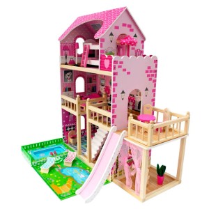 Różowy domek dla lalek z basenem i zjeżdżalnią, zabawka dla dzieci.