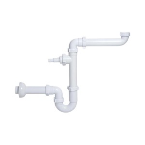 Biały syfon do zlewu, plastikowe rury z różnymi złączami.