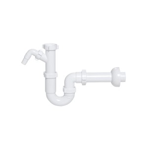 Biały plastikowy syfon do zlewu, zbliżenie.