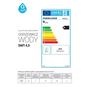 Etykieta energetyczna przepływowego ogrzewacza wody Dafi 4,5: klasa efektywności energetycznej A, 466 kWh/rok.