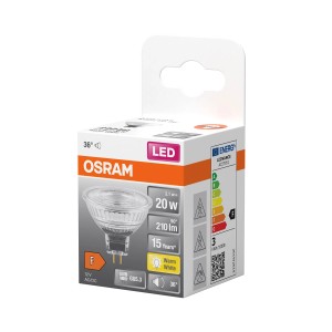 Żarówka LED Osram GU5.3, 20W, ciepła biel w pudełku.