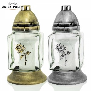 Dwa znicze t.b.t z motywem róży, złoty i srebrny, do godnego udekorowania grobu.