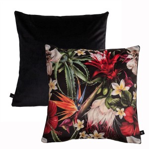 Poduszka t.b.t. z kwiatowym wzorem i czarnym tyłem.