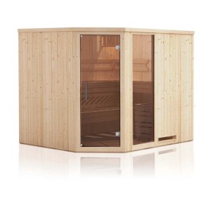 Jasna sauna drewniana z szklanymi drzwiami i oknami dla relaksującej sesji.