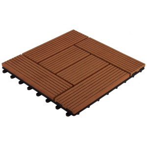 Brązowa płytka tarasowa t.b.t. z drewna kompozytowego do użytku zewnętrznego.