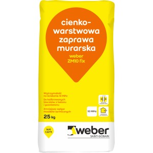 Żółty worek zaprawy cienkowarstwowej Weber ZM10 Fix, do murowania.