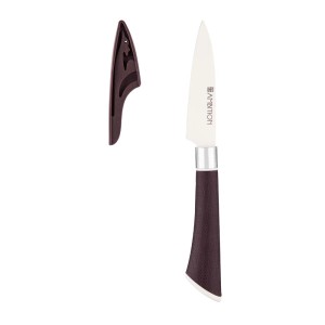 Nóż kuchenny t.b.t. z brązową rękojeścią i osłoną ostrza.