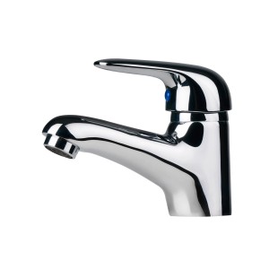 Błyszcząca, chromowana bateria umywalkowa t.b.t. do łazienki.