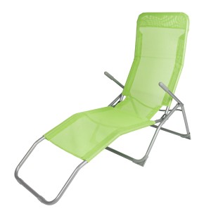 Zielony leżak ogrodowy z regulowanym oparciem i podłokietnikami.
