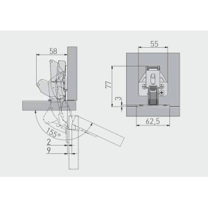 Rysunek techniczny zawiasu meblowego z wymiarami.