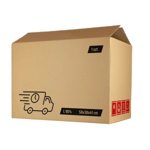 Pudełko kartonowe t.b.t., brązowe, z nadrukiem, 58x38x41 cm. Idealne do przeprowadzki i przechowywania.