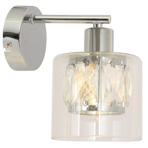 Nowoczesny kinkiet ze szklanym kloszem i kryształowymi detalami.