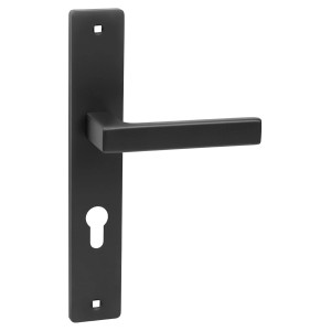 Czarny zestaw klamek do drzwi wewnętrznych.