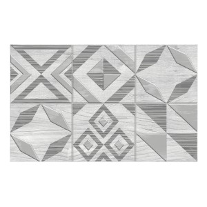 Płytka dekoracyjna z geometrycznymi wzorami w kolorze szarym i białym.