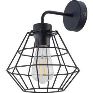 Czarna lampa ścienna t.b.t. w stylu industrialnym z żarówką Edisona.