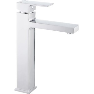 Nowoczesna, wysoka bateria umywalkowa w chromowanym wykończeniu.