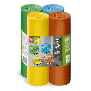 Kolorowe rolki worków na śmieci do segregacji odpadów, 60 litrów, 16 sztuk. Pomoc w sortowaniu papieru, bio, metalu i plastiku.
