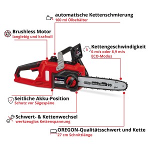 Akumulatorowa pilarka łańcuchowa Einhell Power X-Change Fortexxa 18/30: Kompaktowa, czerwona pilarka z prowadnicą i łańcuchem Oregon.