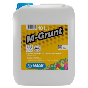 Głęboko penetrujący grunt budowlany M-Grunt w 10-litrowym kanistrze, do użytku wewnątrz i na zewnątrz.