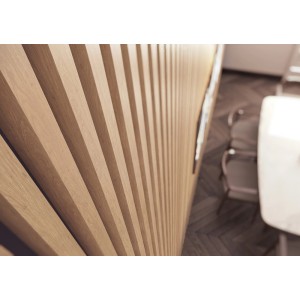 Drewniane panele ścienne t.b.t. z pionowymi listwami do nowoczesnej aranżacji ścian.