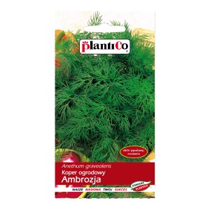 Opakowanie nasion kopru 'Ambrozja' Plantico, zielone gałązki kopru na pierwszym planie.