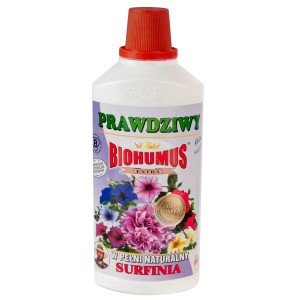 Butelka nawozu płynnego Biohumus Extra do roślin doniczkowych i balkonowych.