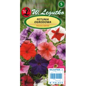 Opakowanie nasion Petunii Ogrodowej (Hybrid) W. Legutko z kolorowymi kwiatami.